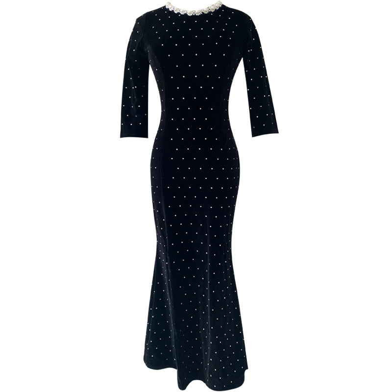 Women's Three-quarter Sleeve Beaded Light Diamond Long Dress