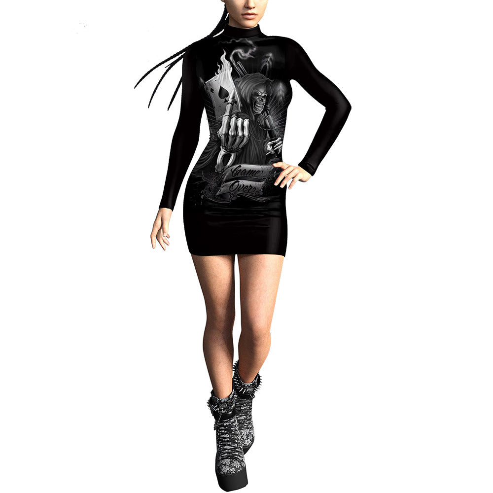 Women's 3D Digital Printing Pumpkin Slim-fit Long-sleeved Sexy Tight Hip Skirt