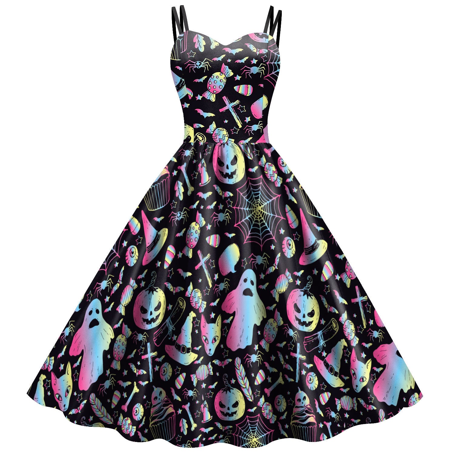 Women's Wansheng Sling Skull Spider Web Digital Printed Dress - QWIEL®