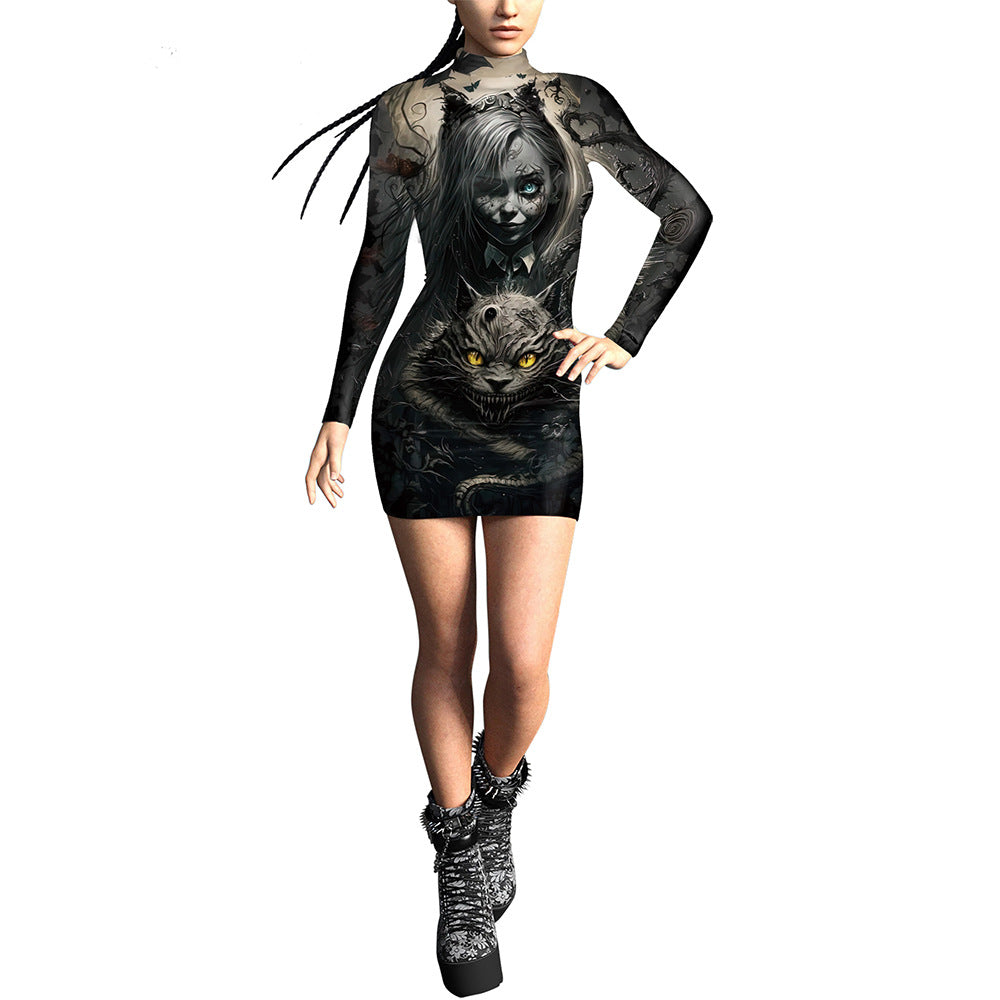 Women's 3D Digital Printing Pumpkin Slim-fit Long-sleeved Sexy Tight Hip Skirt