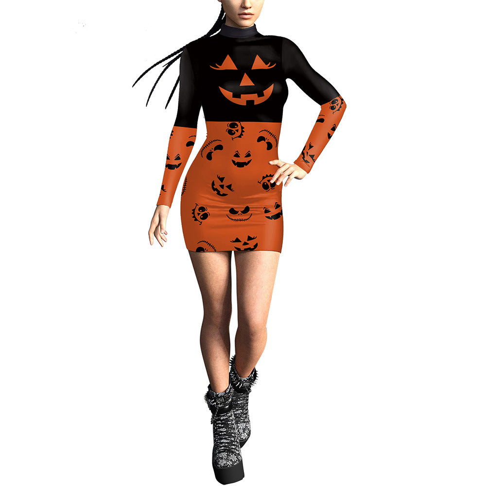 Women's 3D Digital Printing Pumpkin Slim-fit Long-sleeved Sexy Tight Hip Skirt