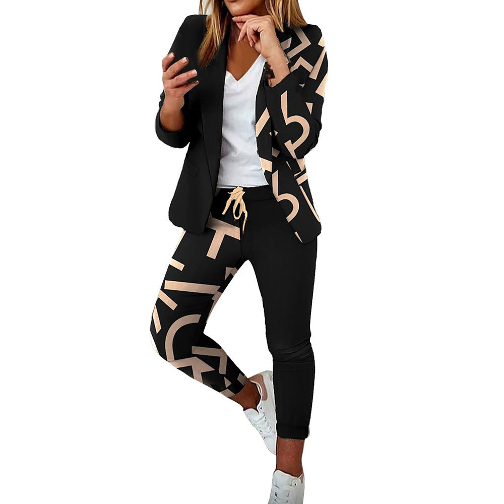 Women's Fashionable Printed Long-sleeved Lapel Suit Casual Suit - QWIEL®