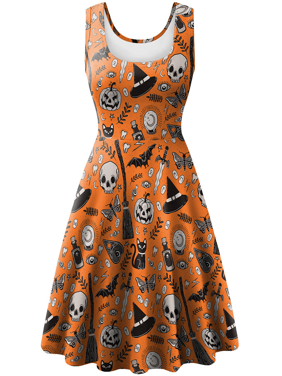 Women's Halloween Sleeveless Vest Pumpkin Skull Digital Printing Dress - QWIEL®