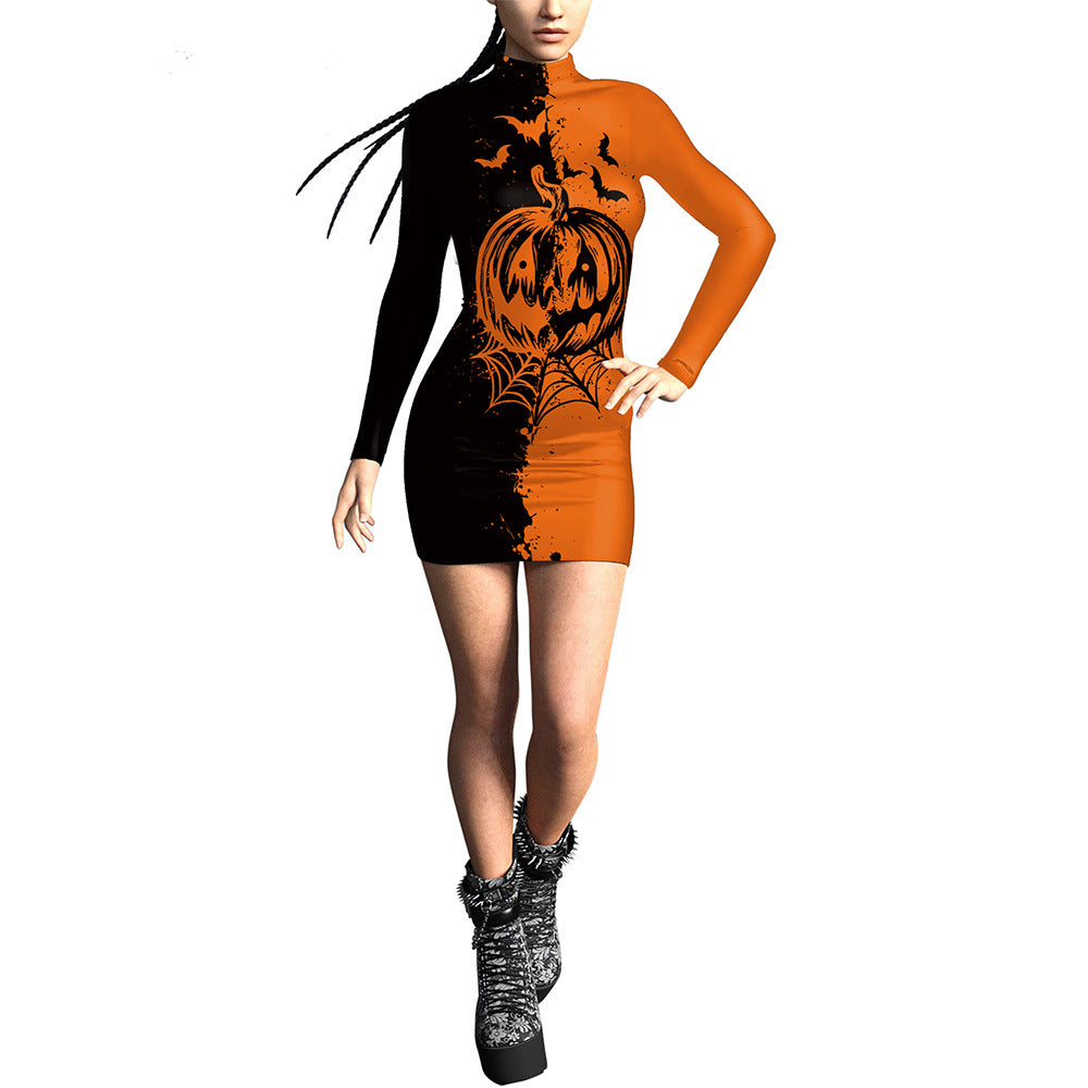 Women's 3D Digital Printing Pumpkin Slim-fit Long-sleeved Sexy Tight Hip Skirt