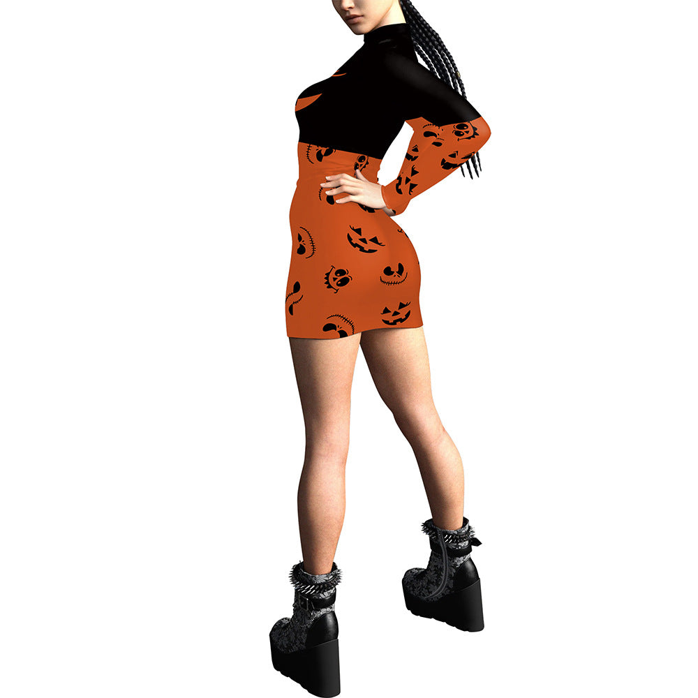 Women's 3D Digital Printing Pumpkin Slim-fit Long-sleeved Sexy Tight Hip Skirt