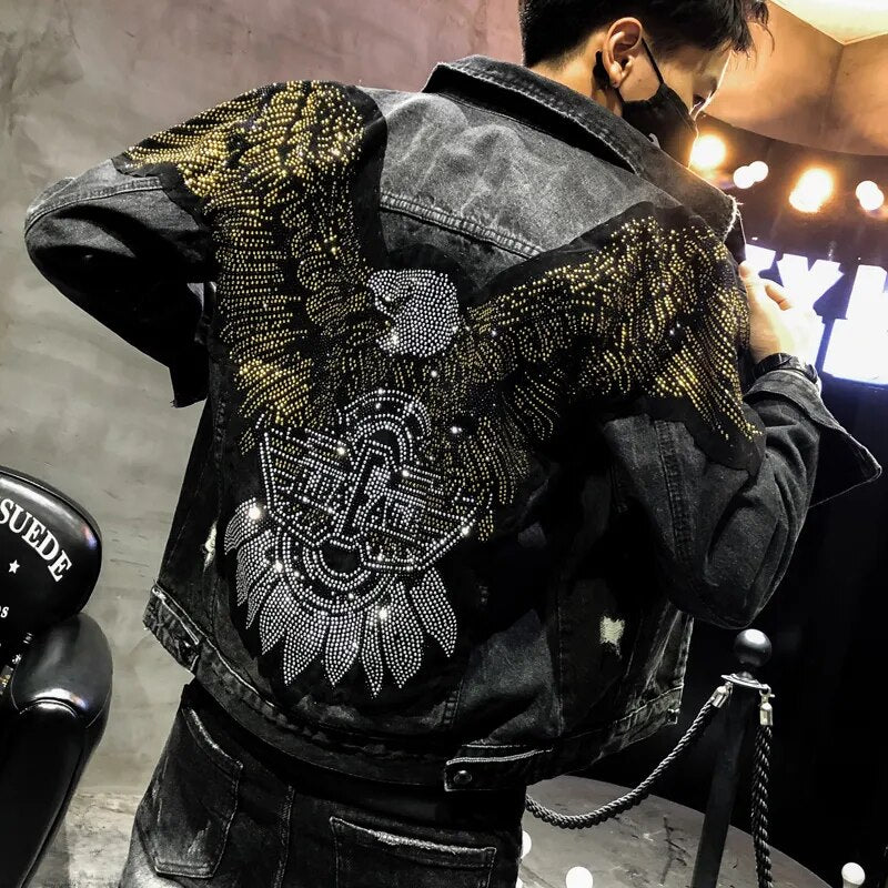 YASUGUOJI New 2022 Punk Style Fashion Eagle Embroidered Patch Jean Jacket Men Denim Jackets Streetwear Slim Black Jacket Men