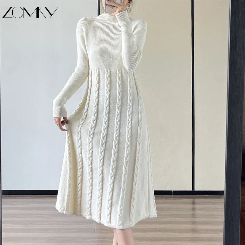 ZOMRY Women's Sweater Knitting Dress Autumn Winter 2023 New Regulai Fit A-line Solid Draped Casual Warm High Quality Clothing