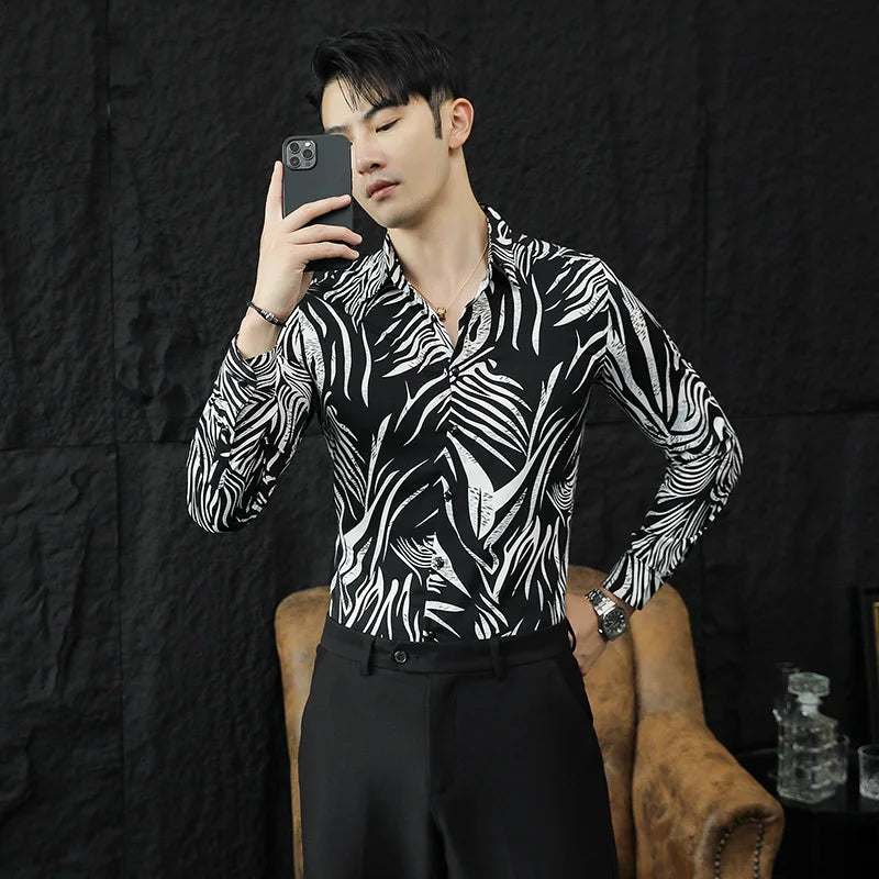 2023 Autumn Long Sleeved Shirts Men Fashion Slim Fit Printed Casual Shirts Business Social Office Dress Shirt Men Clothing