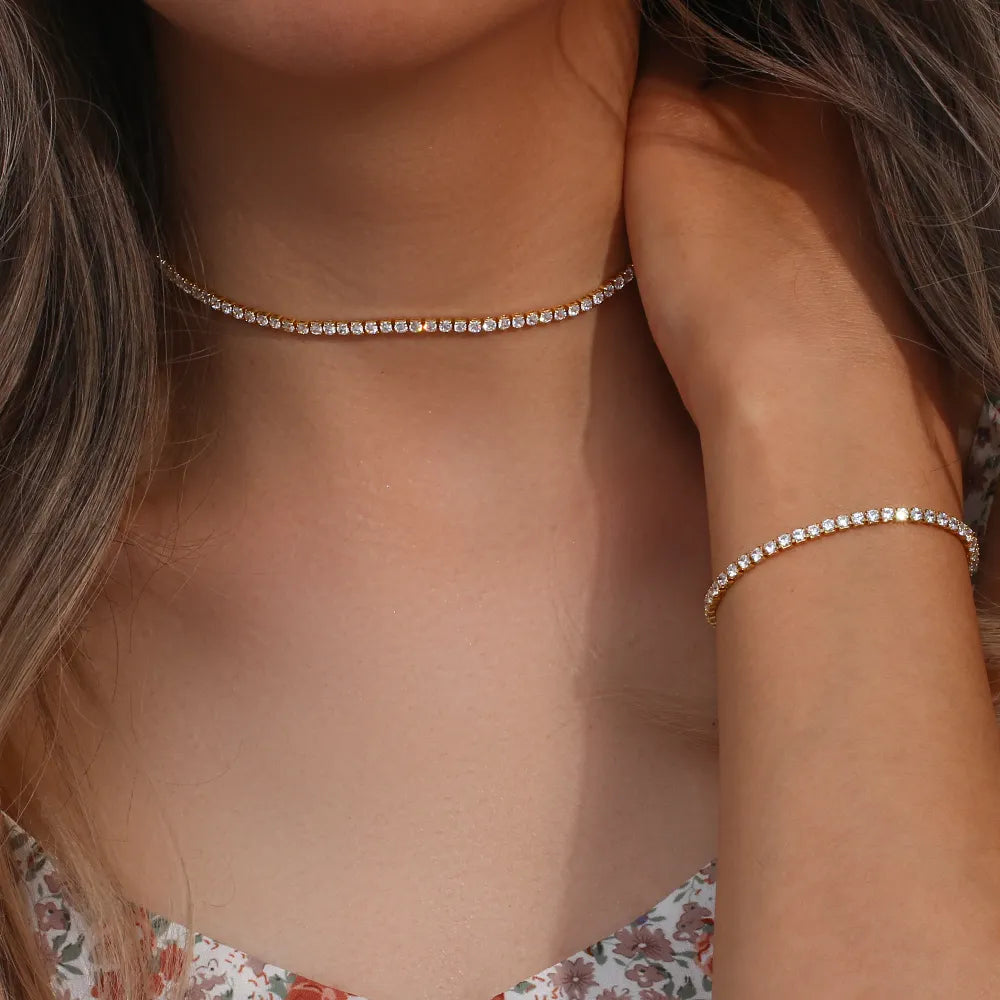 2022 New Blingbling Romantic AAA Zircon Stone 14K Gold Plated Choker Necklace Tennis Chain Necklace Bracelet Jewelry Set