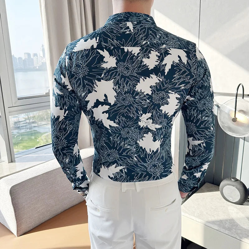 2023 Autumn Winter Flower Shirts Men Long Sleeve Slim Fit Casual Shirts Fashion Social Party Streetwear Men Clothing M-6XL