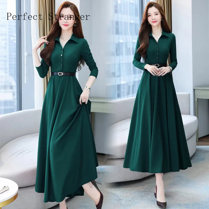2022 Autumn New Arrival High Quality Turn-down Collar Solid Color M-4XL Long Sleeve Women Long Dress With Belt