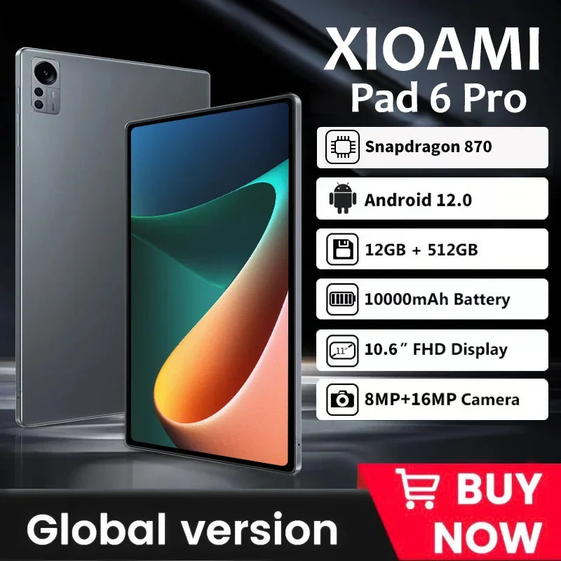 2023 Original Global Version Pad 6 Pro Tablet Android 12 Snapdragon 870 12GB+512GB Tablets PC 5G Dual SIM Card WIFI HD 4K Mi Tab