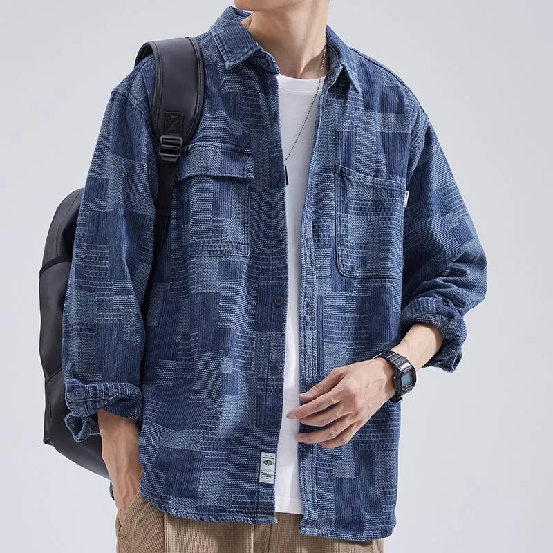 Workwear shirt, men's long sleeved shirt, autumn loose fitting Japanese trendy brand lapel casual ruffian handsome denim shirt j