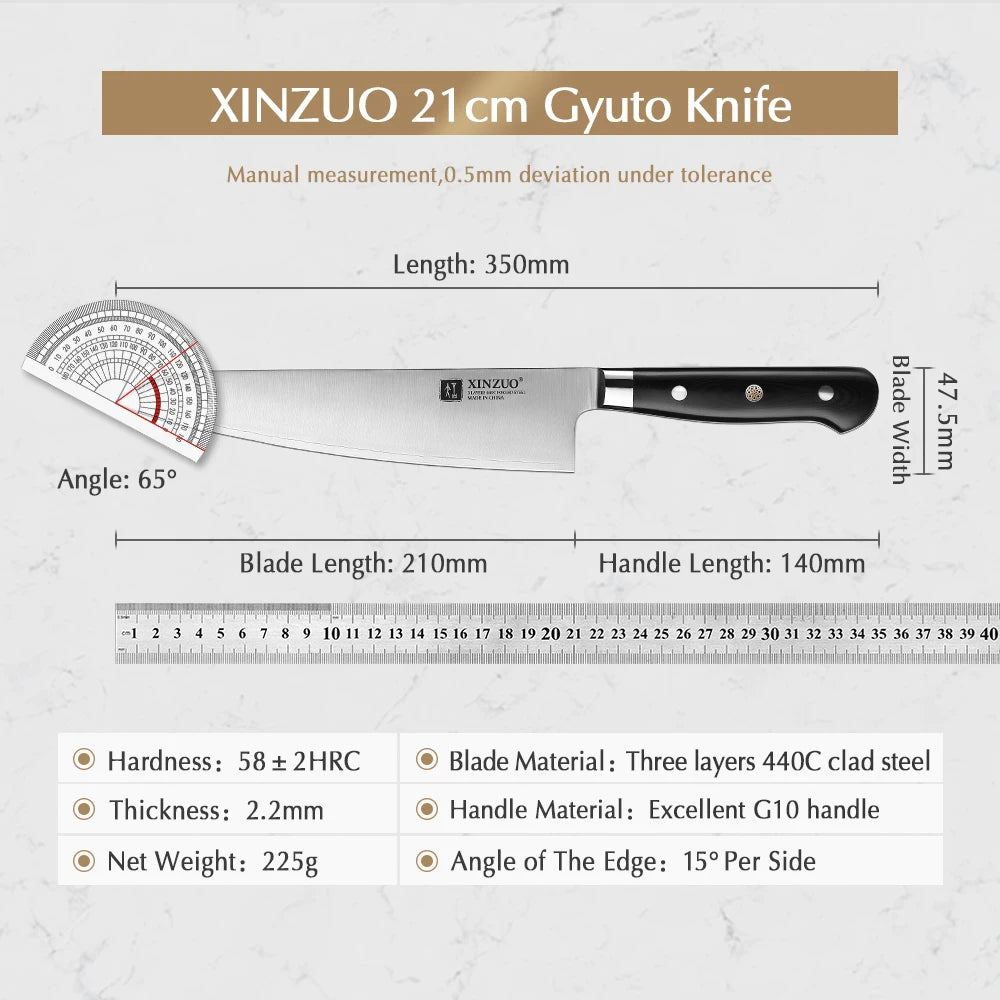 XINZUO 210mm Chef Knife 3 Layer 440C Core Clad Steel Kitchen Knives Stainless Steel Sharp Butchers Gyutou Knife with G10 Handle