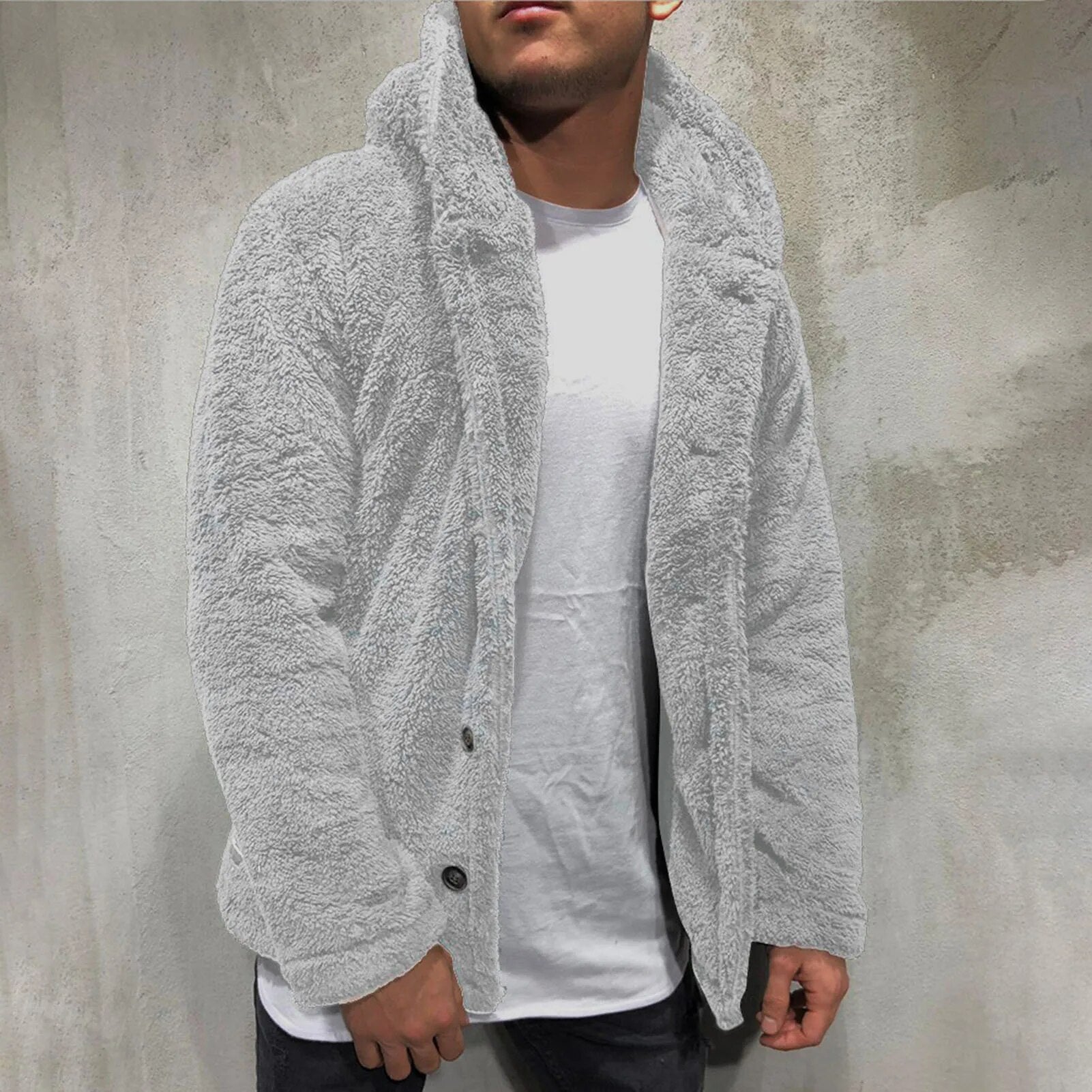 Winter Men Fluffy Fleece Thick Warm Coat Jacket Long Sleeve Hooded Coat Plush Buttons Closure Thicken Warm Men Coat Outerwear