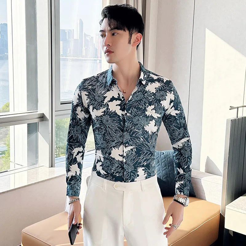 2023 Autumn Winter Flower Shirts Men Long Sleeve Slim Fit Casual Shirts Fashion Social Party Streetwear Men Clothing M-6XL