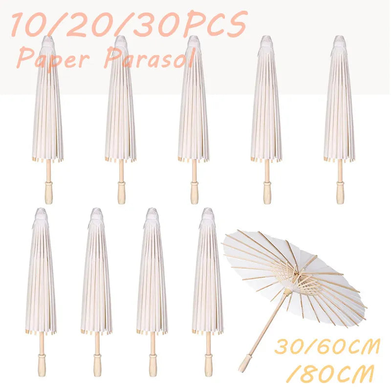 10/20/30PCS Paper Parasol 60/80cm Chinese Paper Umbrellas White Umbrella Photography Props for Baby Shower Party Wedding Rustic