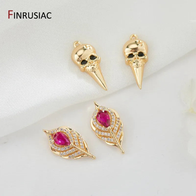 14K Gold Plated Brass Inlaid Zircon Shiny Feather Charms For Jewelry Making, Hip Hop Skeleton Pendant DIY Necklace Accessories