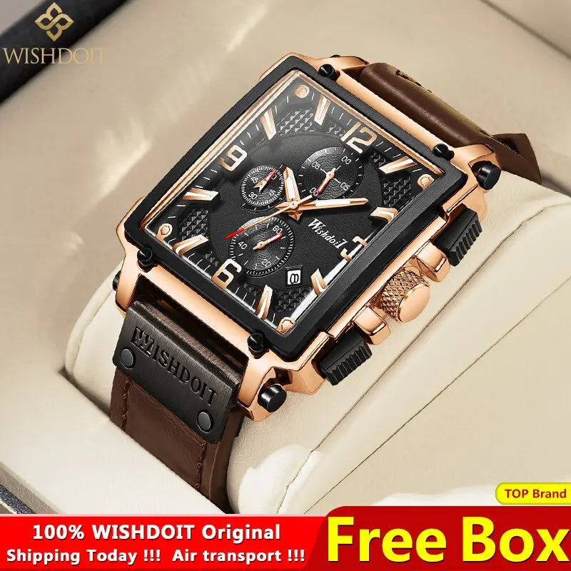 WISHDOIT Original Watch for Men's Waterproof Stainless Steel Leather Strap Quartz Fashion Sports Chronograph Square Wristwatches