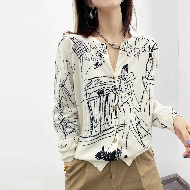 2023 Spring Thin Knitted Graffiti Cardigan Women's Korean Style Fashion Elegant And Chic Top Fine imitation Wool Popular Style