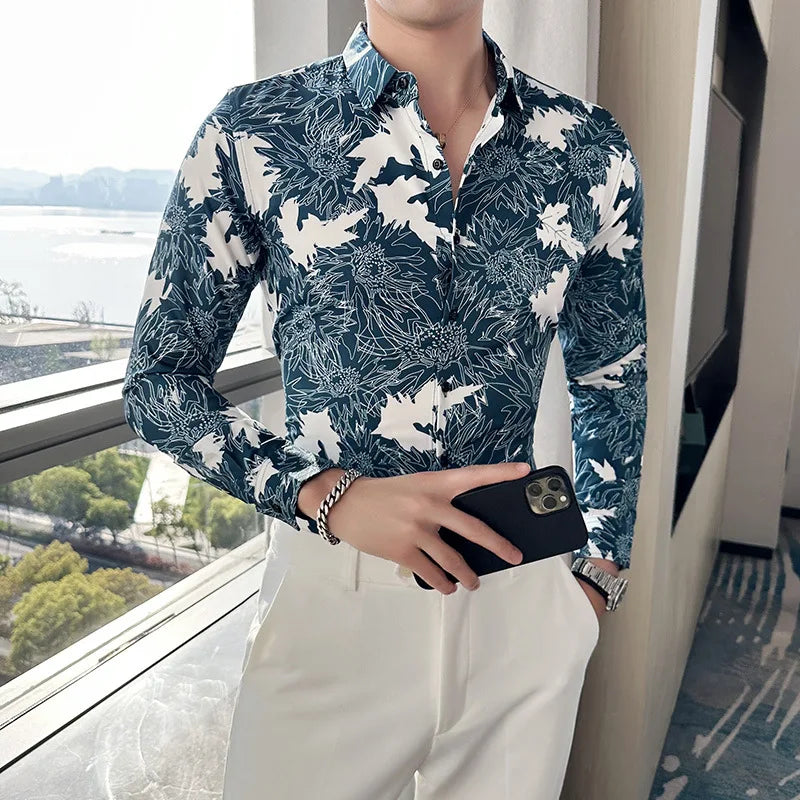 2023 Autumn Winter Flower Shirts Men Long Sleeve Slim Fit Casual Shirts Fashion Social Party Streetwear Men Clothing M-6XL