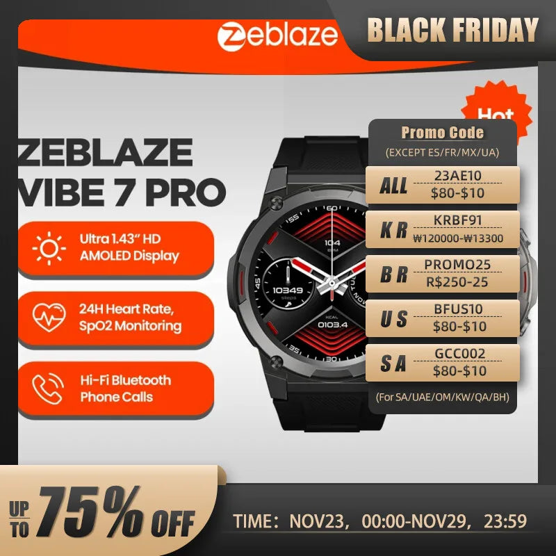 Zeblaze VIBE 7 PRO Voice Calling Smart Watch 1.43 Inch AMOLED Display Hi Fi Phone Calls Military Grade Toughness Watch