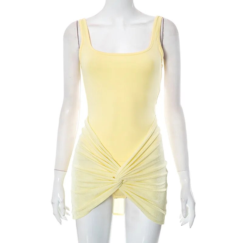 Women Solid Two Piece Set Sexy Summer Tank Bodysuit Top Twist Bodycon Mini Skirts Fashion Holiday Beach Dress Suit Streetwear