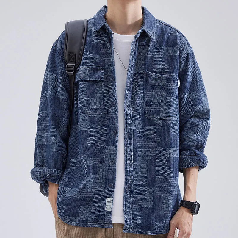 Workwear shirt, men's long sleeved shirt, autumn loose fitting Japanese trendy brand lapel casual ruffian handsome denim shirt j