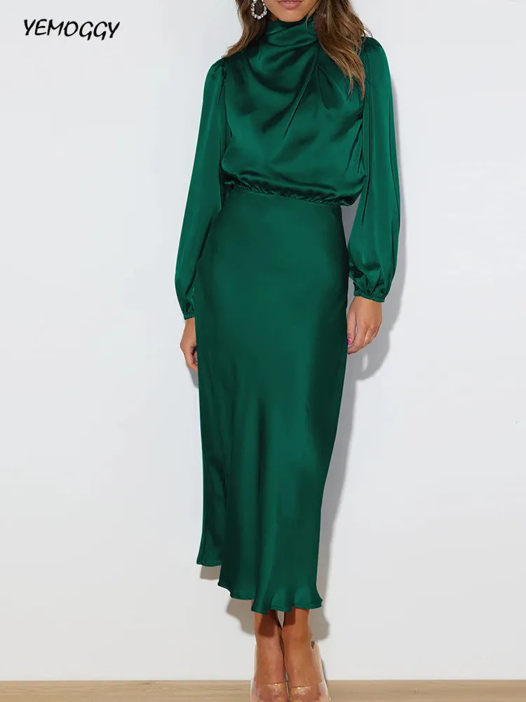 Women Party Long A-line Dress Fashion Autumn New High Quality Satin Long Sleeve Loose Fitting Dress Elegant Women Evening Dress
