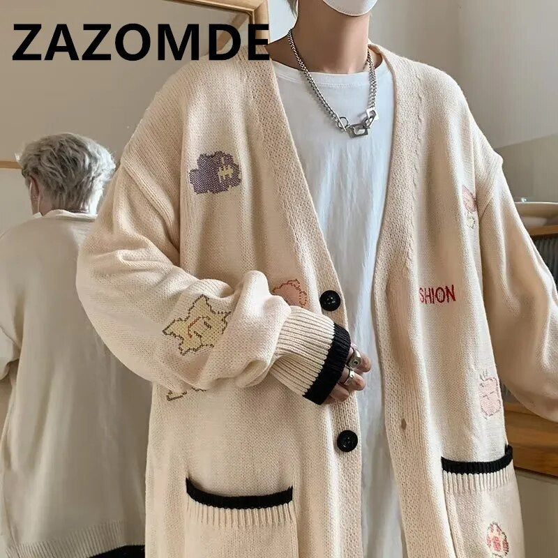 ZAZOMDE Autumn Winter Couple Cardigan Coat Warm Knitwear Sweater Jacket Pocket Embroidery Fashion V-Neck Loose Sweaters Coat Men