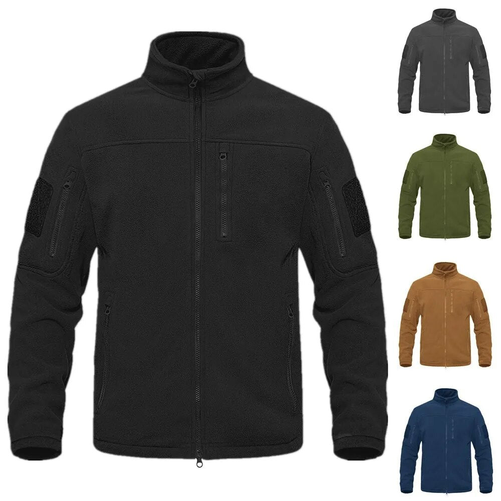 2023 New Full Zip Up Tactical Green Fleece Jacket Thermal Warm Work Coats Mens Pockets Safari Jacket Hiking Outwear Windbreaker