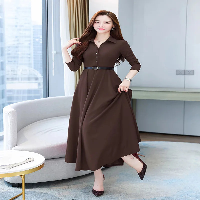 2022 Autumn New Arrival High Quality Turn-down Collar Solid Color M-4XL Long Sleeve Women Long Dress With Belt