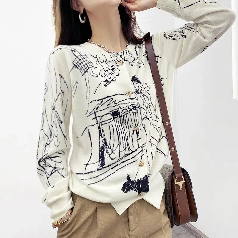 2023 Spring Thin Knitted Graffiti Cardigan Women's Korean Style Fashion Elegant And Chic Top Fine imitation Wool Popular Style