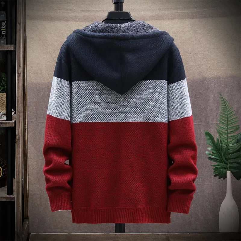 2023 Autumn Winter Fleece Hooded Sweatercoat Striped Knitted Cardigan Men Warm Casual Sweater Jackets Thick Knit Windbreaker Man