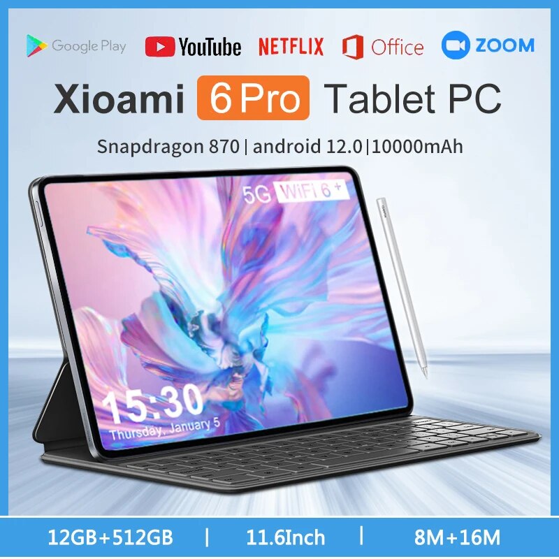 2023 Original Global Version Tablet Android 12 Pad 6 Pro 12GB+512GB Snapdragon 870 Tablet PC 5G Dual SIM Card WIFI HD 4K Mi Tab