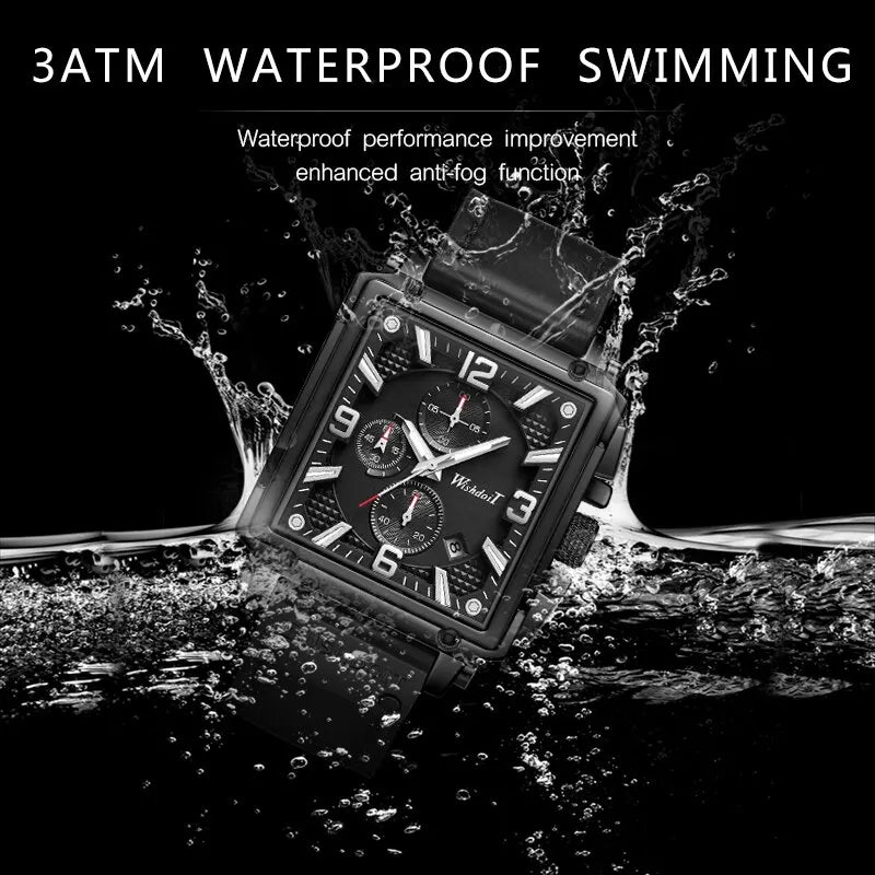 WISHDOIT Original Watch for Men's Waterproof Stainless Steel Leather Strap Quartz Fashion Sports Chronograph Square Wristwatches