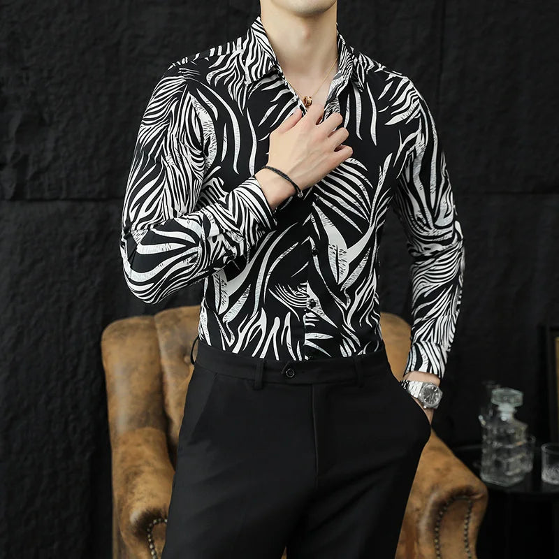2023 Autumn Long Sleeved Shirts Men Fashion Slim Fit Printed Casual Shirts Business Social Office Dress Shirt Men Clothing