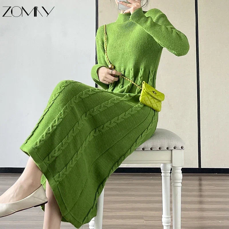 ZOMRY Women's Sweater Knitting Dress Autumn Winter 2023 New Regulai Fit A-line Solid Draped Casual Warm High Quality Clothing