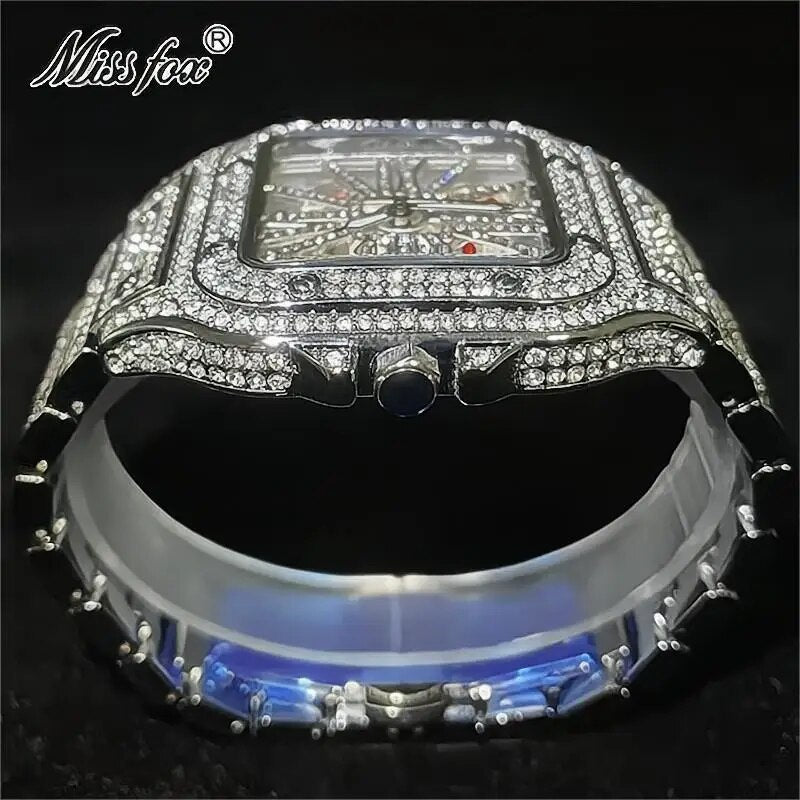 2023 MISSFOX Iced Out Mens Watches Luxury Brand Waterproof Fashion Quartz Wristwatch Hip Hop Diamond Skeleton AAA Clocks Reloj