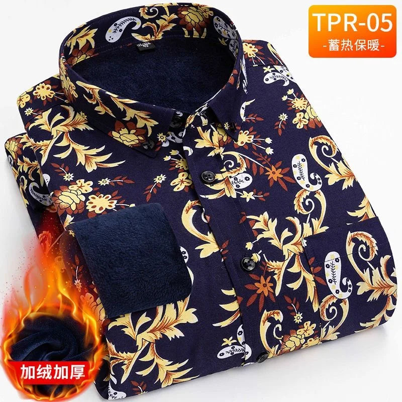 2023 Autumn and Winter New Men's Classic Fashion Printed Long-Sleeved Shirt Men's Plus Fleece Thickened Warm High-Quality Shirt