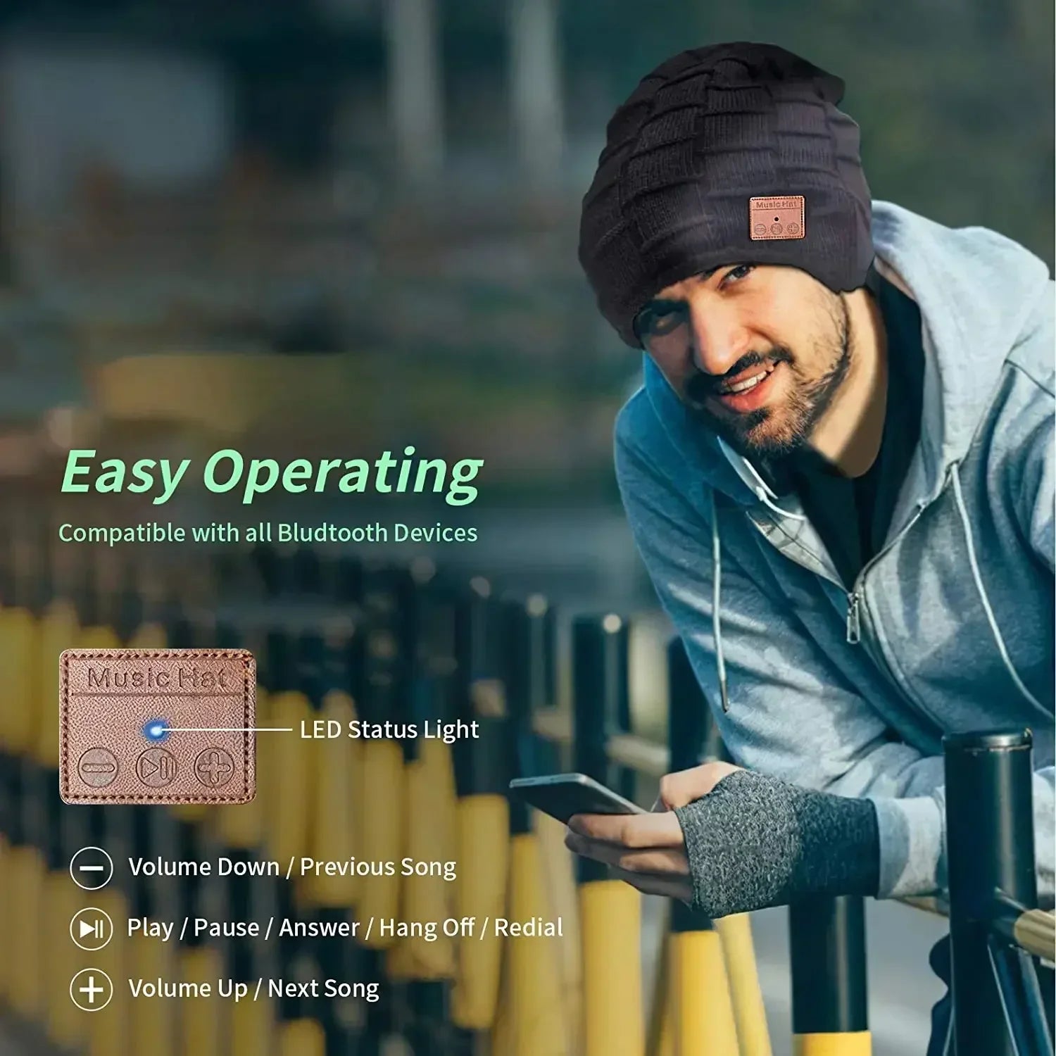 Wireless Bluetooth 5.0 Beanie Hat Unisex Winter Outdoor Sports Knitted Hat Music with Mic Cap Headphone Mens Gifts for Christmas