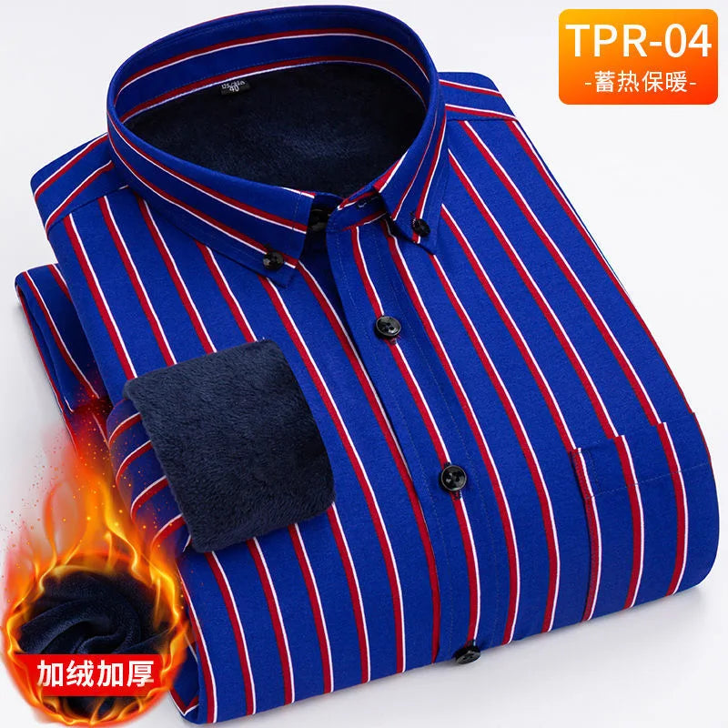 2023 Autumn and Winter New Men's Classic Fashion Printed Long-Sleeved Shirt Men's Plus Fleece Thickened Warm High-Quality Shirt