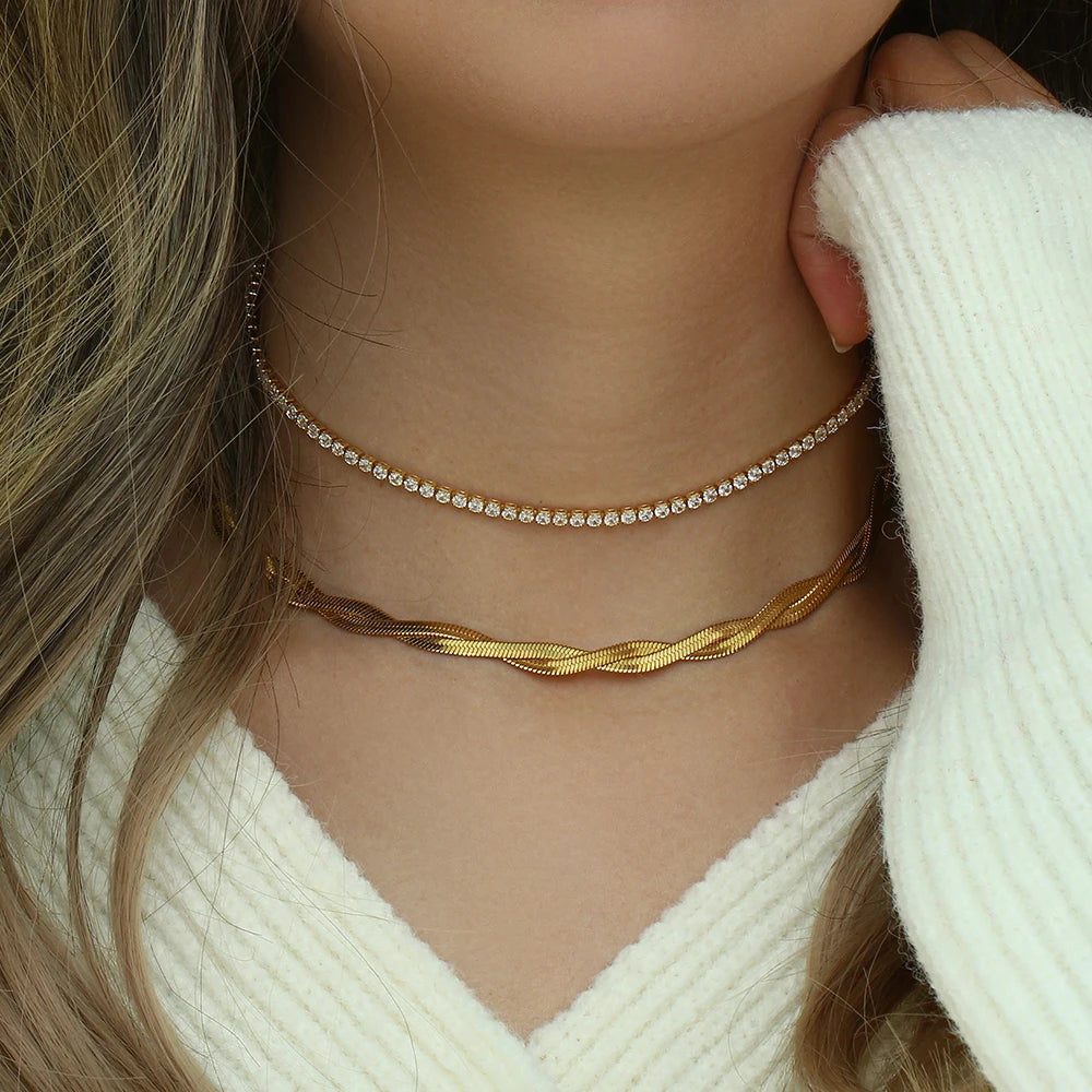 2022 New Blingbling Romantic AAA Zircon Stone 14K Gold Plated Choker Necklace Tennis Chain Necklace Bracelet Jewelry Set