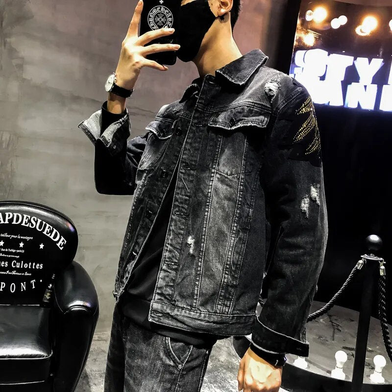 YASUGUOJI New 2022 Punk Style Fashion Eagle Embroidered Patch Jean Jacket Men Denim Jackets Streetwear Slim Black Jacket Men