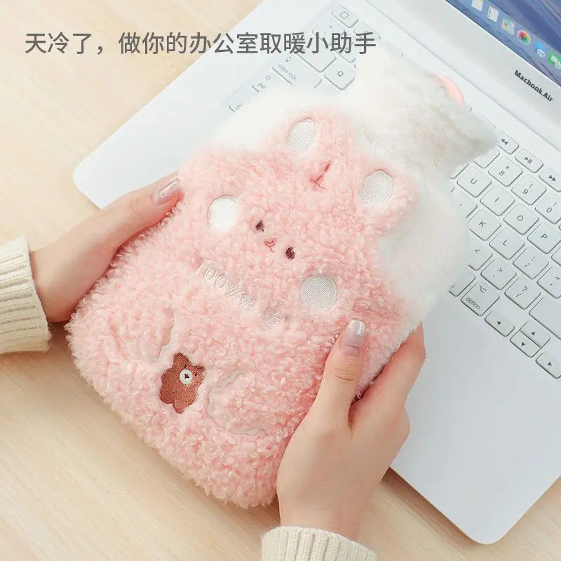 1000ML Reusable Winter Hand Warmer Heat PVC Stress Pain Relief Therapy Hot Water Bottle Bag With Knitted Soft Rabbit Cozy Cover