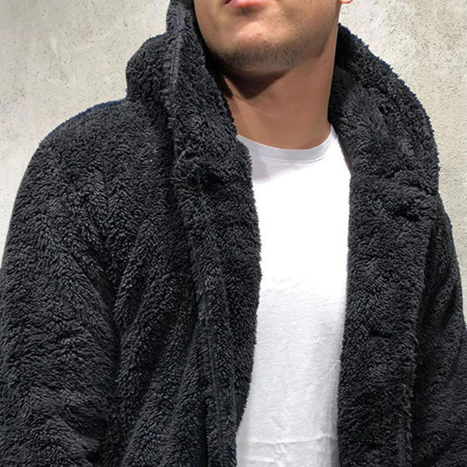Winter Men Fluffy Fleece Thick Warm Coat Jacket Long Sleeve Hooded Coat Plush Buttons Closure Thicken Warm Men Coat Outerwear