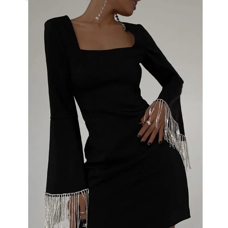 2023 autumn and winter square neck diamond chain tassel backless dress autumn high-quality trumpet sleeve bag hip skirt women's