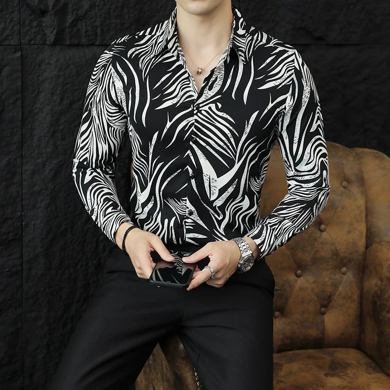 2023 Autumn Long Sleeved Shirts Men Fashion Slim Fit Printed Casual Shirts Business Social Office Dress Shirt Men Clothing