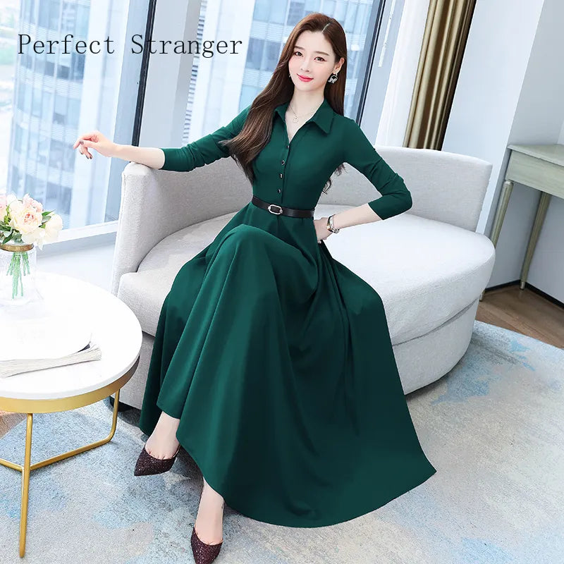 2022 Autumn New Arrival High Quality Turn-down Collar Solid Color M-4XL Long Sleeve Women Long Dress With Belt