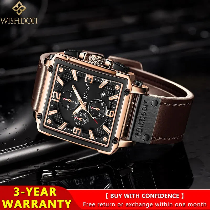WISHDOIT Original Watch for Men's Waterproof Stainless Steel Leather Strap Quartz Fashion Sports Chronograph Square Wristwatches